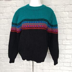 Vintage GAP 80s 90s Teal Red Black Fair Isle Chunky Wool Sweater Crew Neck Sz L